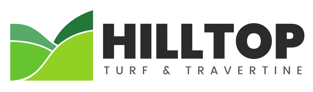 Logo of Hilltop Turf &amp; Travertine featuring stylized green hills on the left and the company name in bold black letters on the right, set against a white background. Perfect for those seeking top-notch artificial grass installation or expert artificial turf installers in Scottsdale.