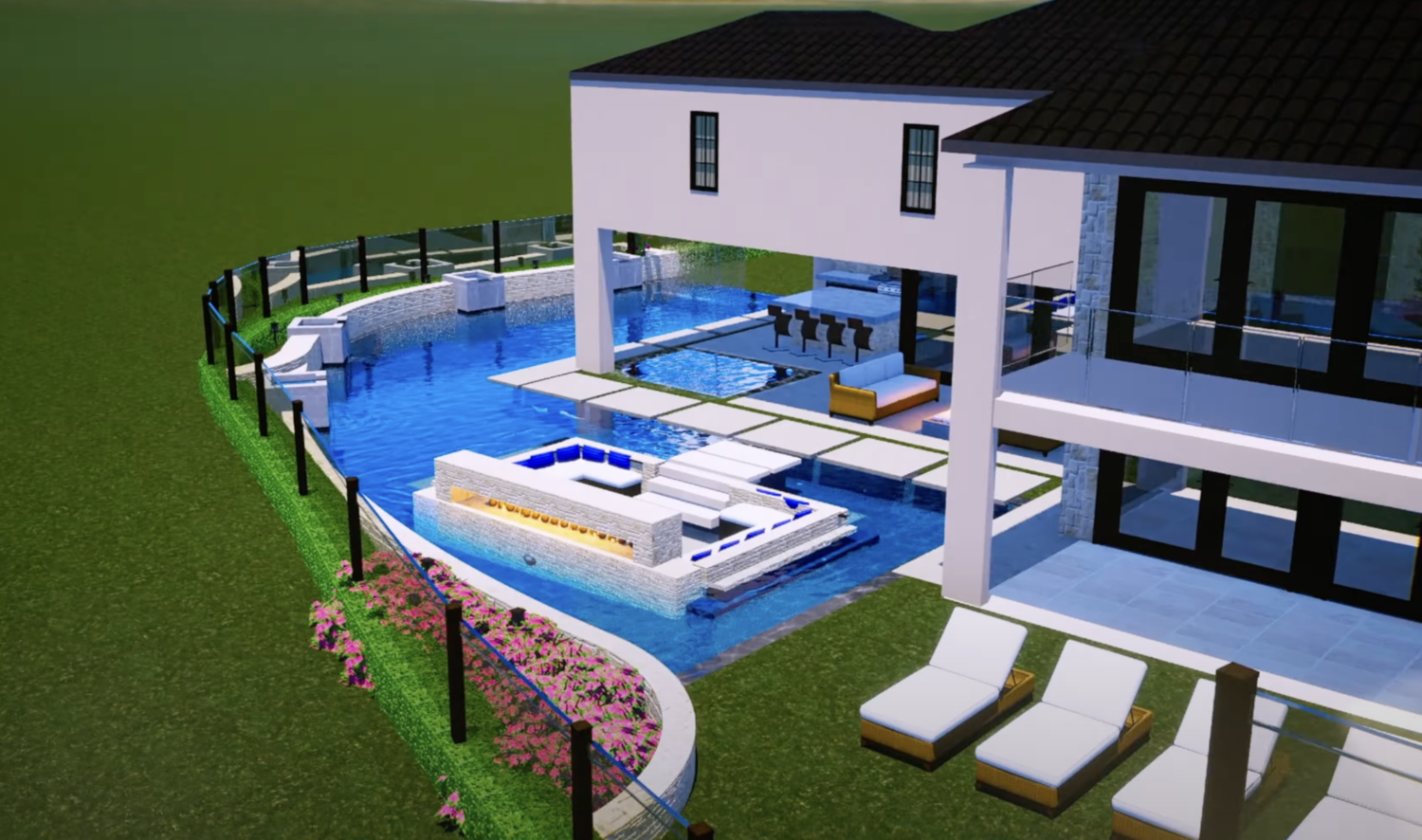 A luxurious modern house with a custom-designed L-shaped pool featuring submerged seating, a glass fence, and poolside loungers. The outdoor space includes a manicured lawn and flower beds, with a covered patio and outdoor furniture under a tiled roof.